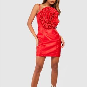 Coctail 3-d rose dress red tafetta